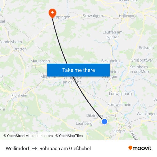 Weilimdorf to Rohrbach am Gießhübel map