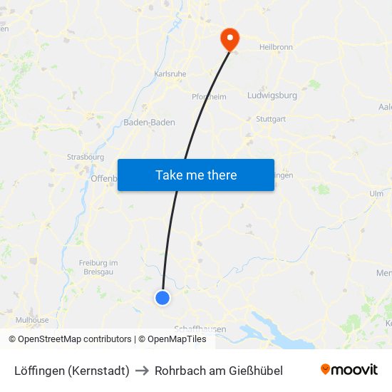 Löffingen (Kernstadt) to Rohrbach am Gießhübel map