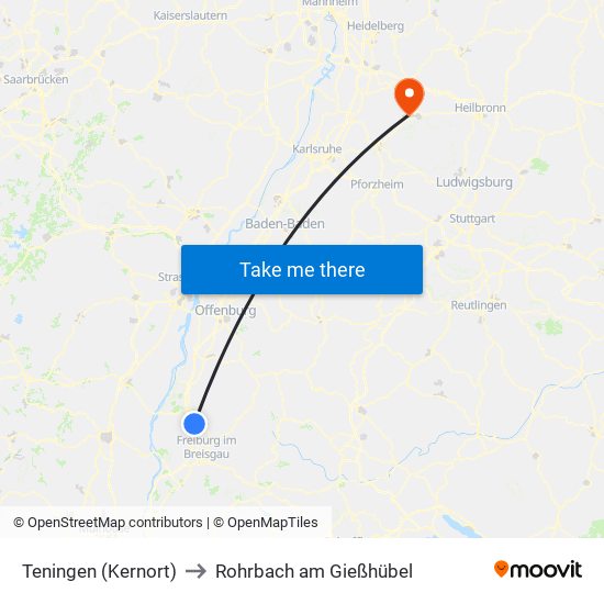 Teningen (Kernort) to Rohrbach am Gießhübel map