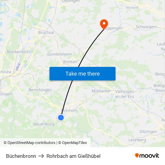 Büchenbronn to Rohrbach am Gießhübel map