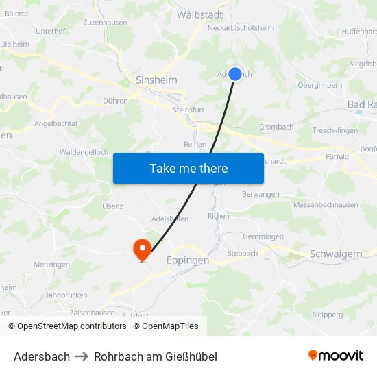 Adersbach to Rohrbach am Gießhübel map