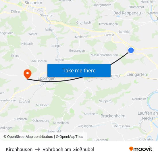 Kirchhausen to Rohrbach am Gießhübel map