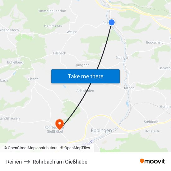 Reihen to Rohrbach am Gießhübel map