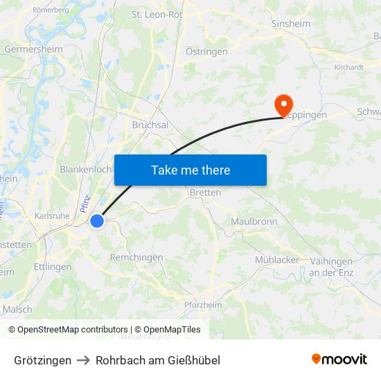 Grötzingen to Rohrbach am Gießhübel map