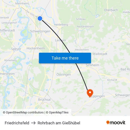 Friedrichsfeld to Rohrbach am Gießhübel map