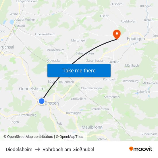 Diedelsheim to Rohrbach am Gießhübel map