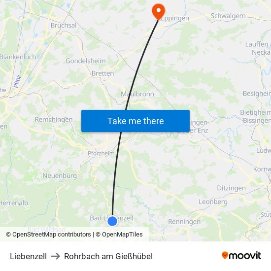 Liebenzell to Rohrbach am Gießhübel map