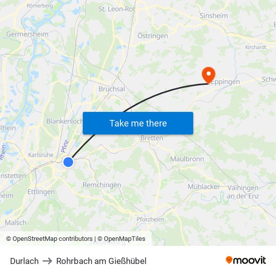 Durlach to Rohrbach am Gießhübel map