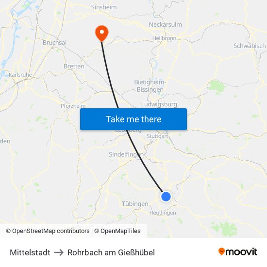 Mittelstadt to Rohrbach am Gießhübel map