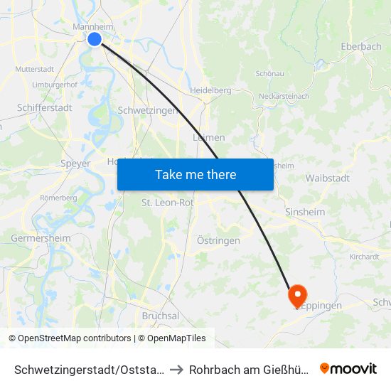 Schwetzingerstadt/Oststadt to Rohrbach am Gießhübel map