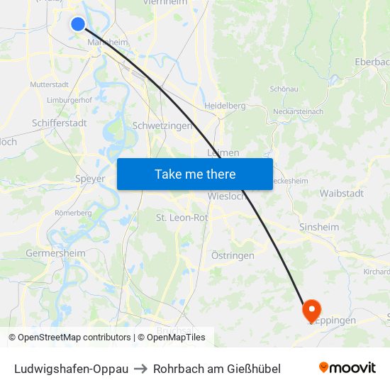 Ludwigshafen-Oppau to Rohrbach am Gießhübel map