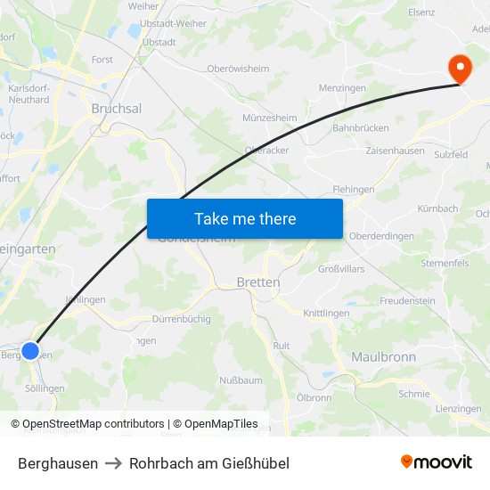 Berghausen to Rohrbach am Gießhübel map