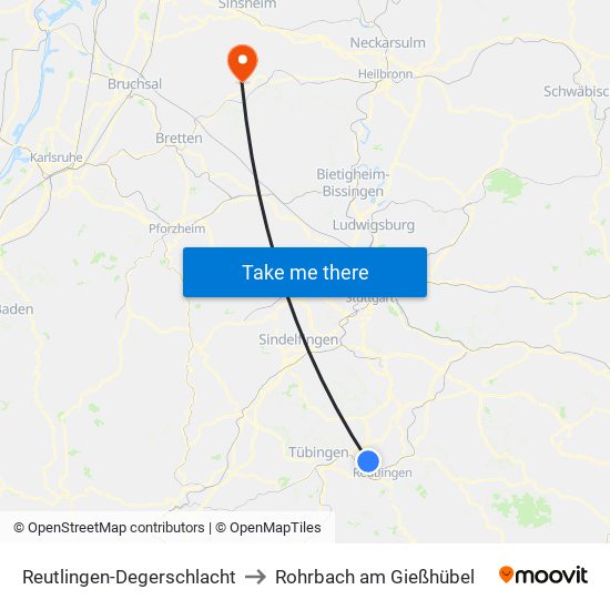 Reutlingen-Degerschlacht to Rohrbach am Gießhübel map