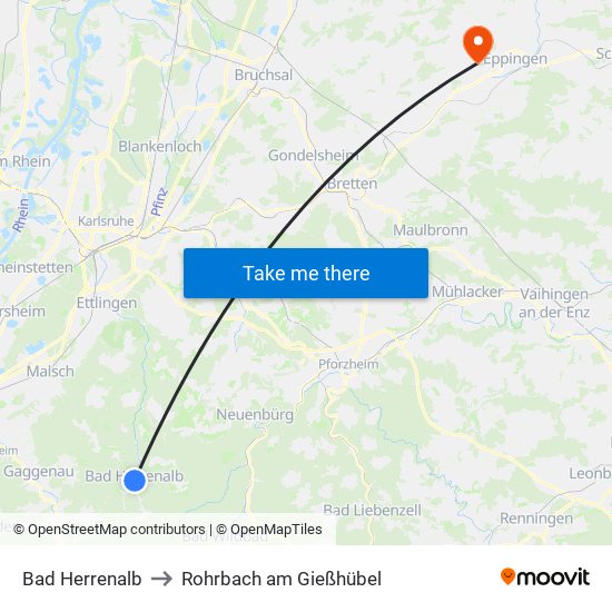 Bad Herrenalb to Rohrbach am Gießhübel map