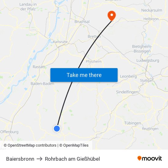 Baiersbronn to Rohrbach am Gießhübel map