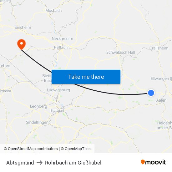 Abtsgmünd to Rohrbach am Gießhübel map