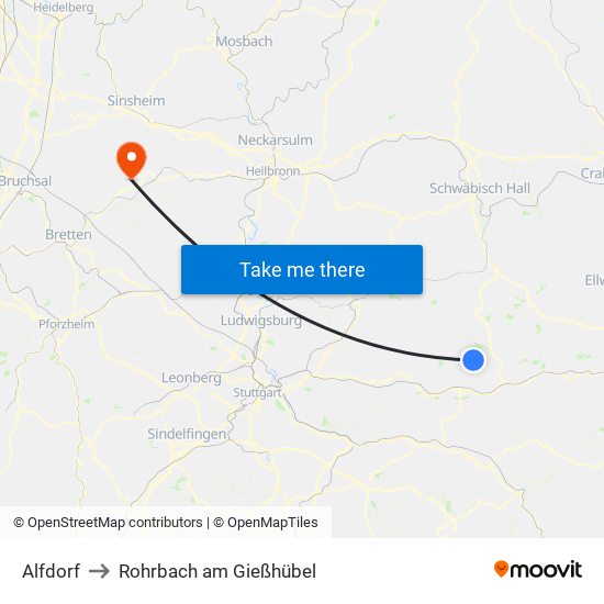 Alfdorf to Rohrbach am Gießhübel map