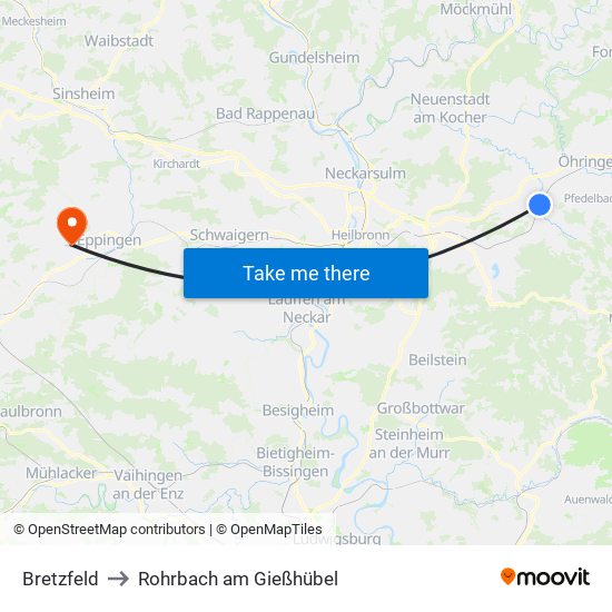 Bretzfeld to Rohrbach am Gießhübel map