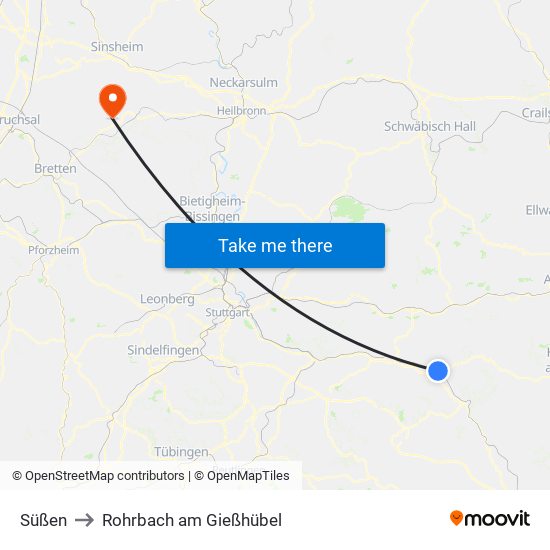 Süßen to Rohrbach am Gießhübel map