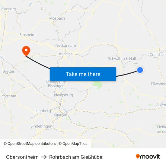 Obersontheim to Rohrbach am Gießhübel map