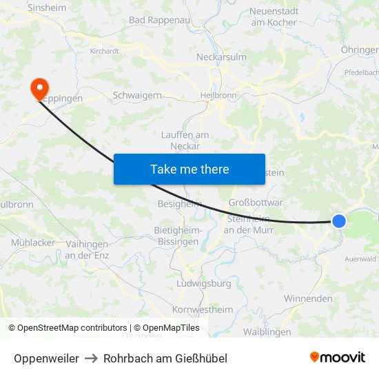 Oppenweiler to Rohrbach am Gießhübel map