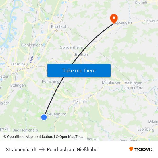 Straubenhardt to Rohrbach am Gießhübel map