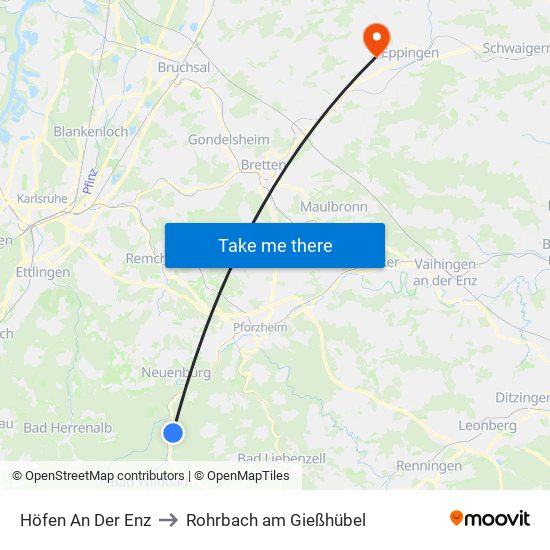 Höfen An Der Enz to Rohrbach am Gießhübel map