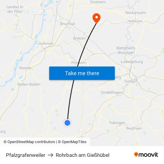 Pfalzgrafenweiler to Rohrbach am Gießhübel map