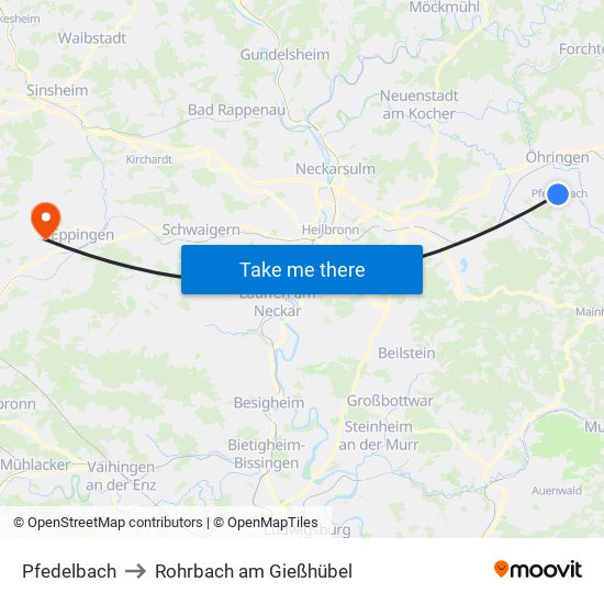 Pfedelbach to Rohrbach am Gießhübel map