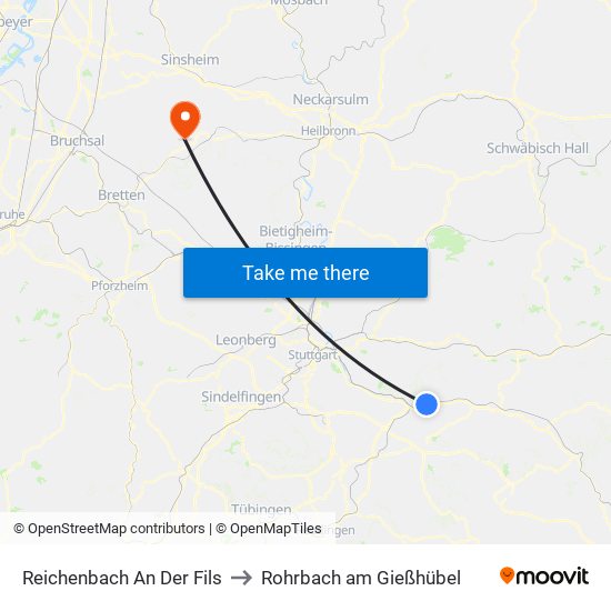 Reichenbach An Der Fils to Rohrbach am Gießhübel map