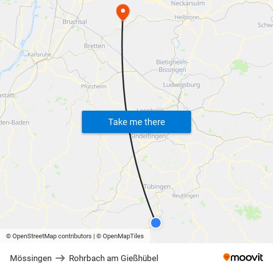 Mössingen to Rohrbach am Gießhübel map