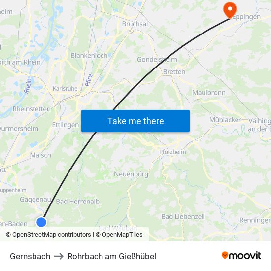 Gernsbach to Rohrbach am Gießhübel map