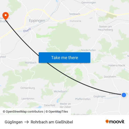 Güglingen to Rohrbach am Gießhübel map