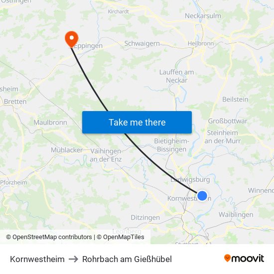 Kornwestheim to Rohrbach am Gießhübel map