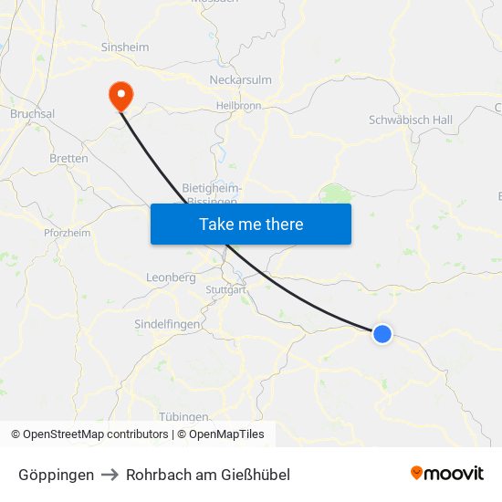 Göppingen to Rohrbach am Gießhübel map