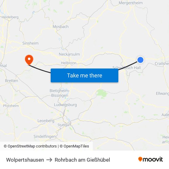 Wolpertshausen to Rohrbach am Gießhübel map