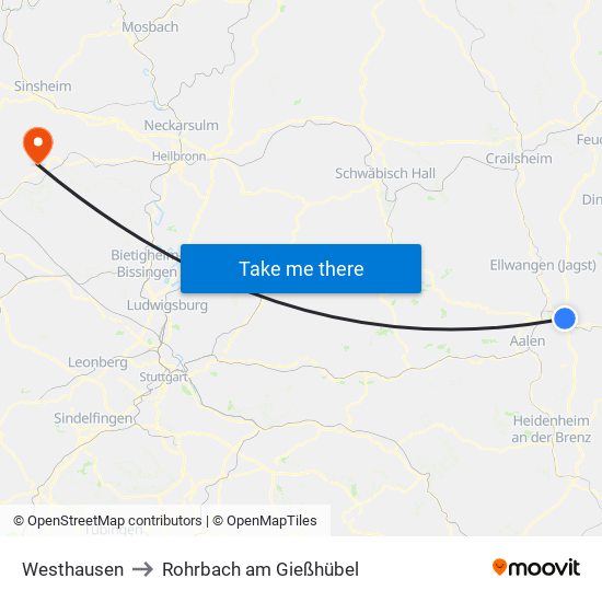 Westhausen to Rohrbach am Gießhübel map
