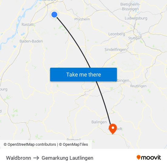 Waldbronn to Gemarkung Lautlingen map