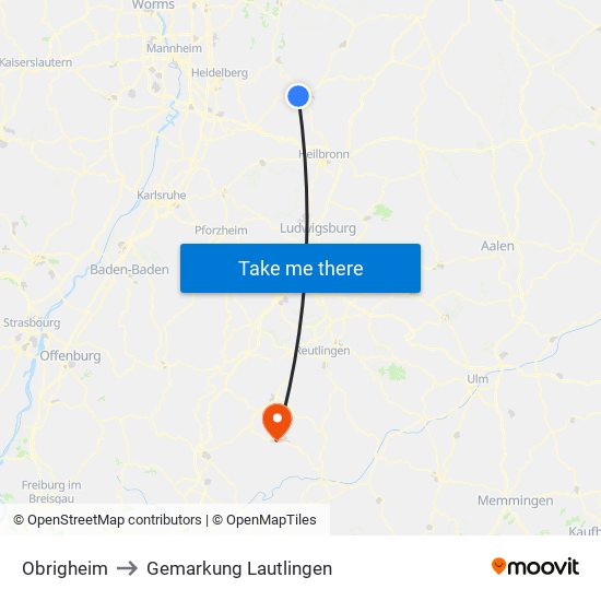 Obrigheim to Gemarkung Lautlingen map