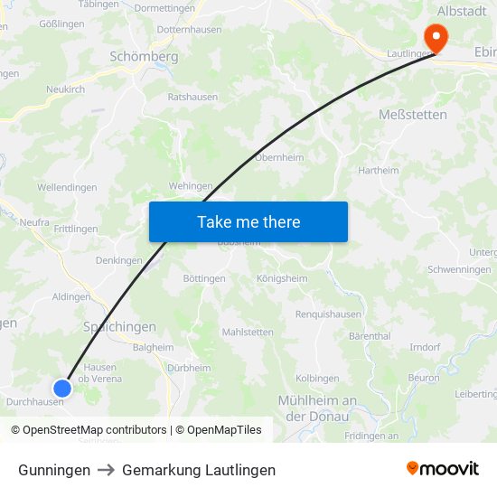 Gunningen to Gemarkung Lautlingen map