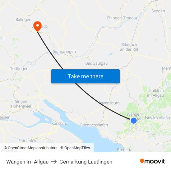 Wangen Im Allgäu to Gemarkung Lautlingen map