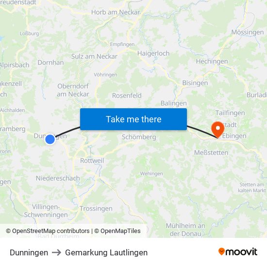 Dunningen to Gemarkung Lautlingen map