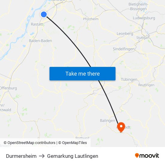 Durmersheim to Gemarkung Lautlingen map