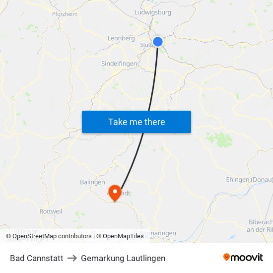 Bad Cannstatt to Gemarkung Lautlingen map