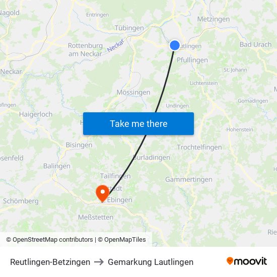 Reutlingen-Betzingen to Gemarkung Lautlingen map