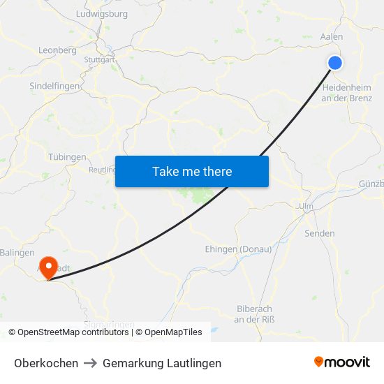 Oberkochen to Gemarkung Lautlingen map