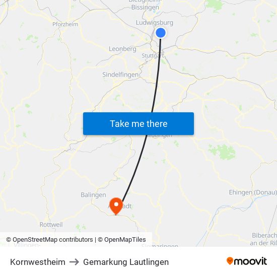 Kornwestheim to Gemarkung Lautlingen map