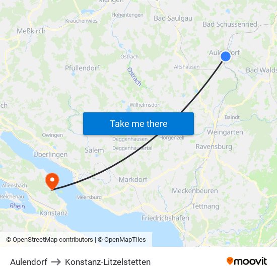 Aulendorf to Konstanz-Litzelstetten map