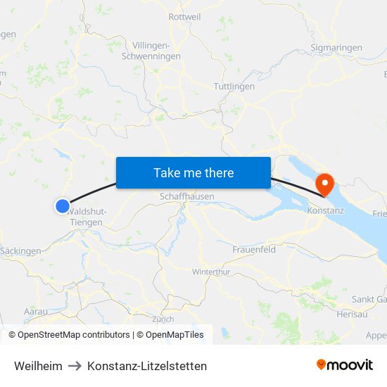 Weilheim to Konstanz-Litzelstetten map