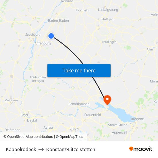 Kappelrodeck to Konstanz-Litzelstetten map